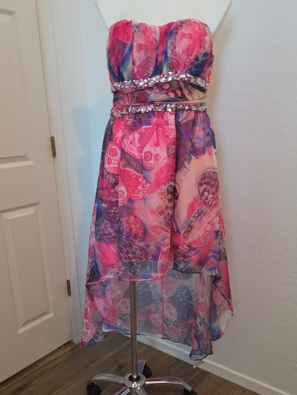 Deb Pink and Purple Strapless High-Low Dress with Rhinestone Waist